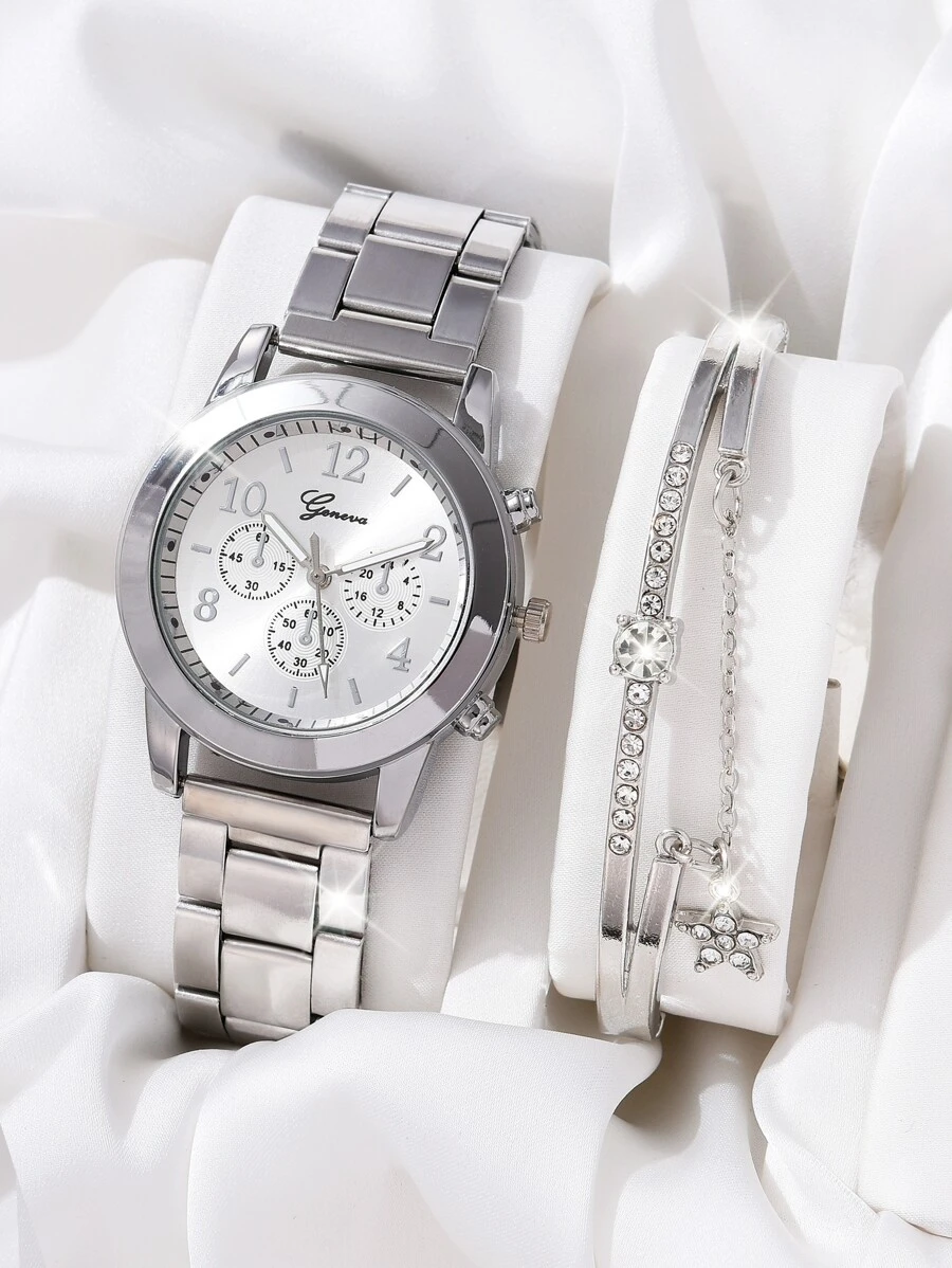 1入組三錶盤圓形指針石英手錶和1入組手環 - 銀色 - 查看 1