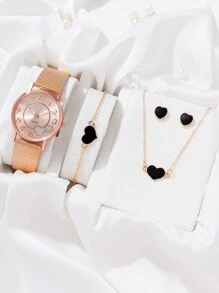 Heart Detail Quartz Watch & 4pcs Jewelry Set - Rose Gold - View 1