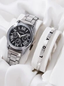 1pc Round Pointer Quartz Watch & 1pc Bracelet - Silver - View 1