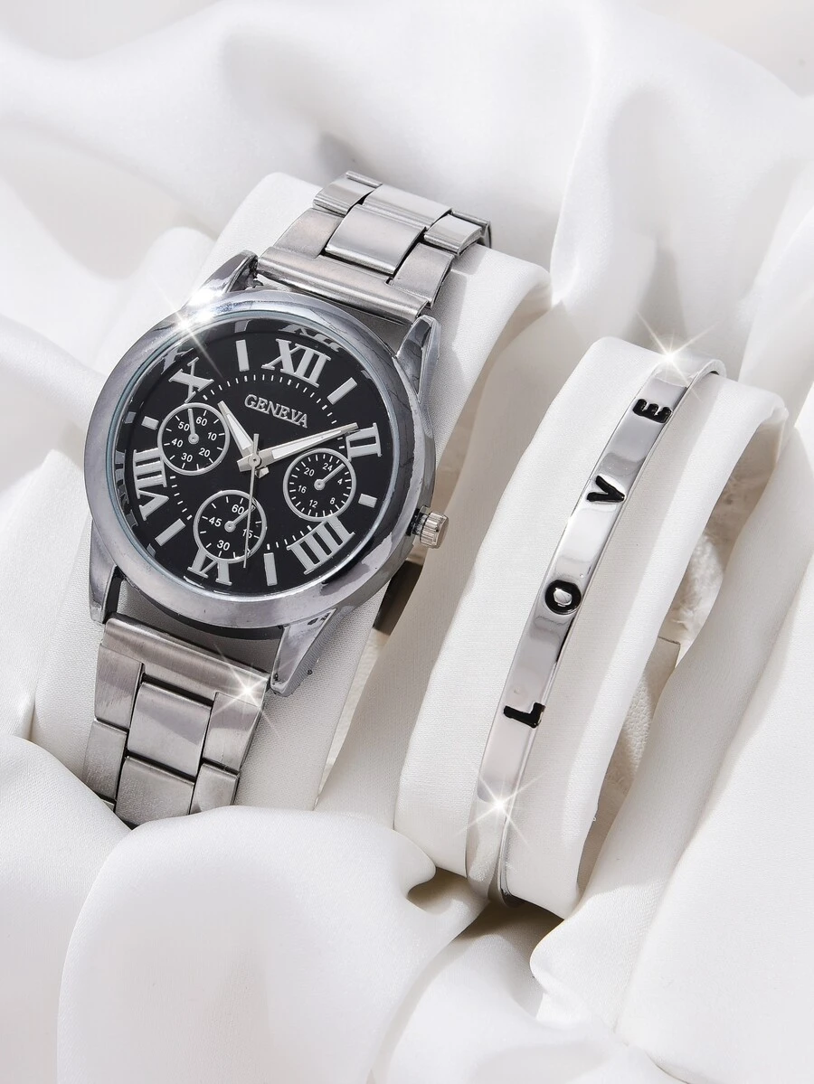 1pc Round Pointer Quartz Watch & 1pc Bracelet - Silver - View 1