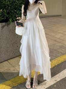 Vestido de tirantes unicolor bajo asimétrico - Blanco - Ver 1