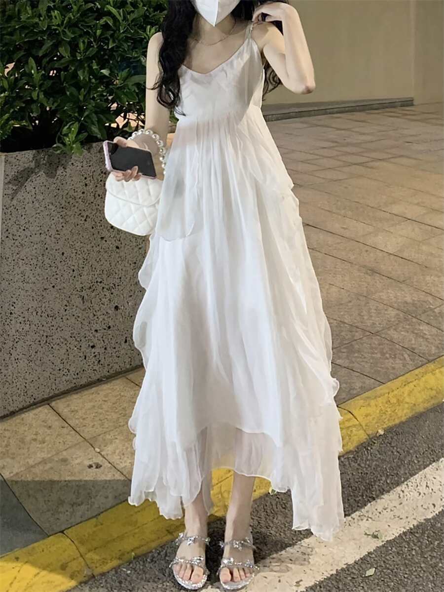 Vestido de tirantes unicolor bajo asimétrico - Blanco - Ver 1