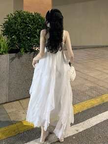 Vestido de tirantes unicolor bajo asimétrico - Blanco - Ver 2