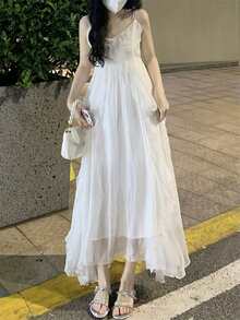 Vestido de tirantes unicolor bajo asimétrico - Blanco - Ver 4