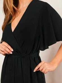 BizChic 女式 V 领蝴蝶袖系带连体裤，优雅浪漫的休闲日常穿着，简约时尚基本款商务休闲装，适合办公室、音乐会 - 黑色 - 查看 3