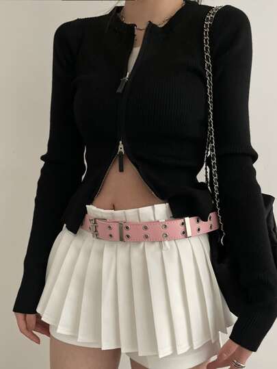 حزام بتفاصيل مثقبة وإبزيم مربع للنساء، طراز أنيق، مناسب للهالوين والصيف والمدرسة والخريف