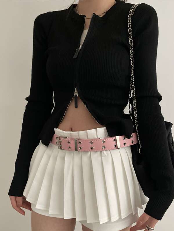 1pc Women Eyelet Detail Square Buckle Decor Fashion Style Belt Halloween Summer, School