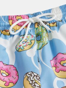Boys Donuts Print Drawstring Waist Swim Shorts - Blue - View 3