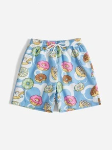 Boys Donuts Print Drawstring Waist Swim Shorts - Blue - View 5