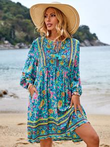 SHEIN VCAY Floral Print Tie Neck Lantern Sleeve Smock Dress - Multicolor - View 4