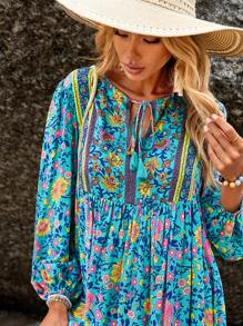 SHEIN VCAY Floral Print Tie Neck Lantern Sleeve Smock Dress - Multicolor - View 5