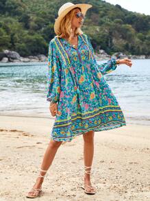 SHEIN VCAY Floral Print Tie Neck Lantern Sleeve Smock Dress - Multicolor - View 6