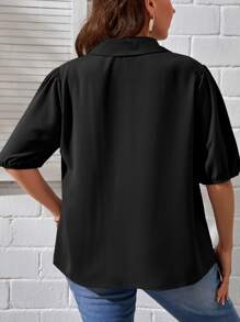 SHEIN Essnce Plus Lapel Neck Puff Sleeve Shirt - Black - View 2