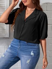 SHEIN Essnce Plus Lapel Neck Puff Sleeve Shirt - Black - View 3