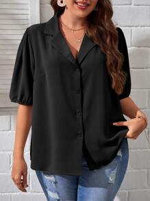 SHEIN Essnce Plus Lapel Neck Puff Sleeve Shirt - Black - View 4