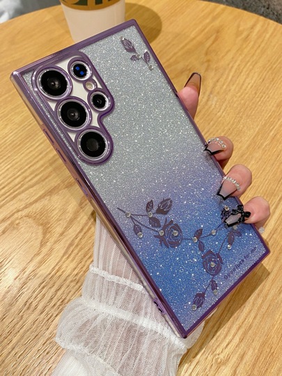 Handmade Rose Rhinestone Gradient Glitter Electroplated TUP Material Shockproof Protective Phone Case For Galaxy S25 Ultra/S24 Ultra/S24 FE/S23 FE/S22/S21/S20 FE/A05/A06/A14/A15/A16/A23/A25/A35/A54/A55, 16 Pro Max/15/14/13/12/11/XS/XR/8/7/6, Redmi Note 9~13 Pro Series
