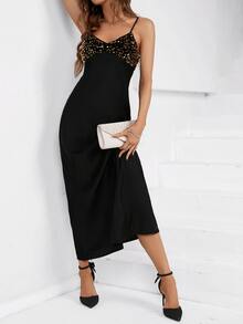 SHEIN BAE Contrast Sequin Cami Dress - Black - View 6