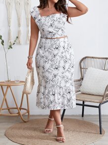 SHEIN VCAY Plus Floral Print Square Neck Crop Top & Ruffle Hem Skirt - White - View 1