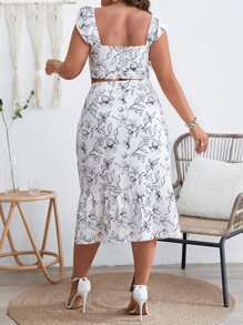 SHEIN VCAY Plus Floral Print Square Neck Crop Top & Ruffle Hem Skirt - White - View 2