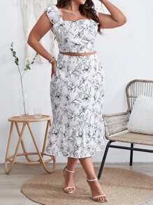 SHEIN VCAY Plus Floral Print Square Neck Crop Top & Ruffle Hem Skirt - White - View 3