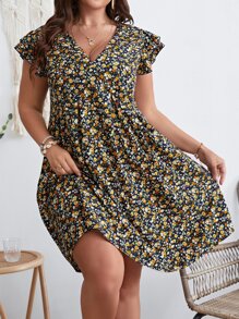 SHEIN VCAY Plus Ditsy Floral Print Butterfly Sleeve Dress - Multicolor - View 1