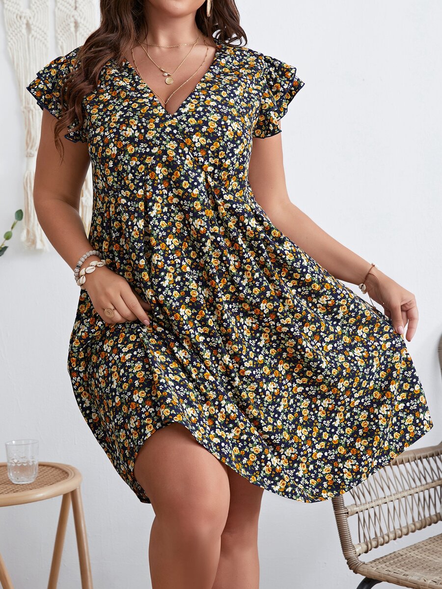 SHEIN VCAY Plus Ditsy Floral Print Butterfly Sleeve Dress - Multicolor - View 1