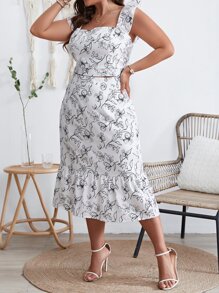 SHEIN VCAY Plus Floral Print Square Neck Crop Top & Ruffle Hem Skirt - White - View 5