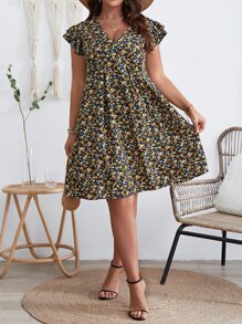 SHEIN VCAY Plus Ditsy Floral Print Butterfly Sleeve Dress - Multicolor - View 5