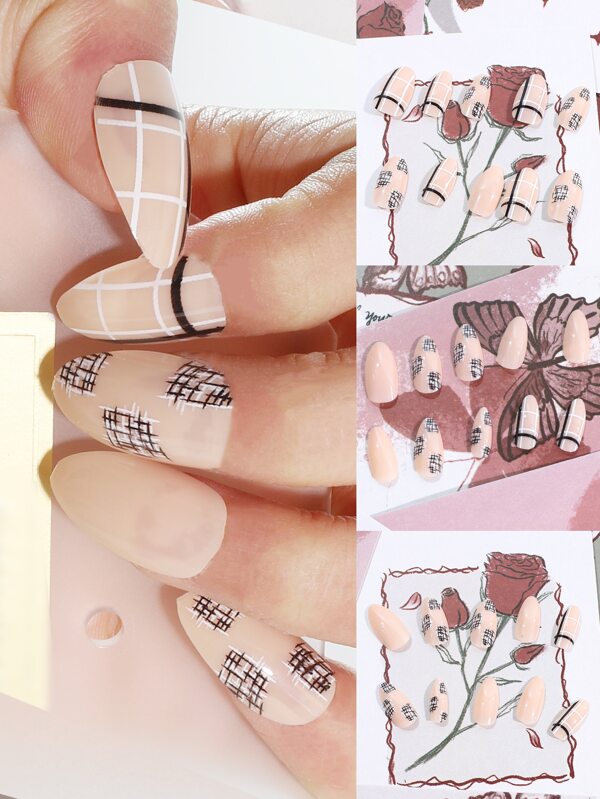 Get Glamorous With 24Pcs Long Almond Lattice Plaid Pattern Fake Nail & 1Pc Nail File & 1Sheet Nail Tape For Women And Girls Press On Nails Nail Supplies Nails