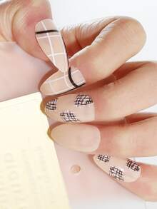 Get Glamorous With 24Pcs Long Almond Lattice Plaid Pattern Fake Nail & 1Pc Nail File & 1Sheet Nail Tape For Women And Girls Press On Nails Nail Supplies Nails