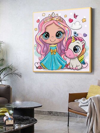 1入組彩色女孩和獨角獸印花無框DIY鑽石畫現代ABS壁畫家居裝飾