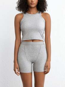 彈性佳舒適的麻花編混紡直領坦克背心 - 灰色 - 查看 8