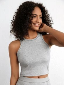 彈性佳舒適的麻花編混紡直領坦克背心 - 灰色 - 查看 7