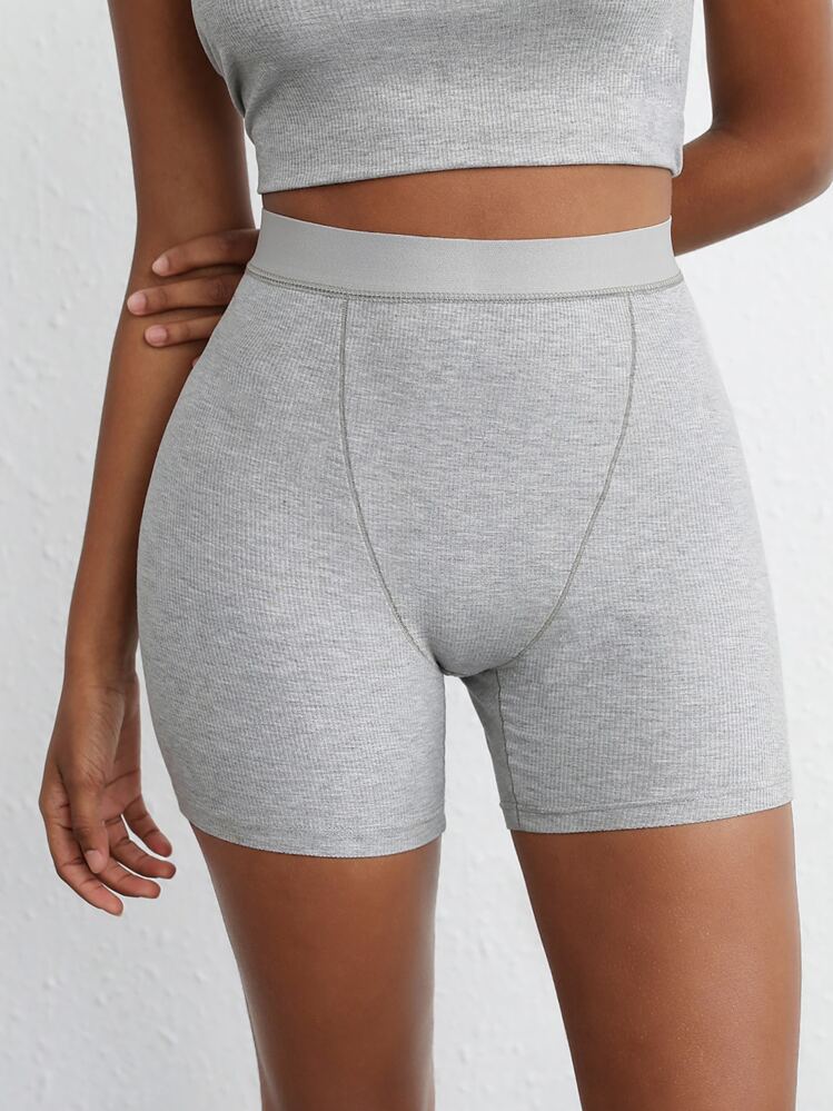 Ocili Leisure Stretchy & Comfy Ribbed High Waist Cycling Shorts Lounge Shorts - Melange Gray Sleep Shorts - Light Grey - View 6