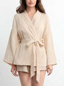 柔軟透氣輕盈水洗棉紗和服式休閒上衣 - 卡其色 - 卡其色 - 查看 8