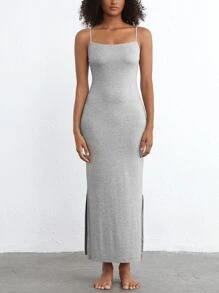 Ocili Đầm Cami Lounge cổ vuông mịn màng & thoải mái dệt trơn bên hông - Melange Grey - Màu Xám nhạt - Xem 10