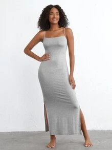 Ocili Đầm Cami Lounge cổ vuông mịn màng & thoải mái dệt trơn bên hông - Melange Grey - Màu Xám nhạt - Xem 9