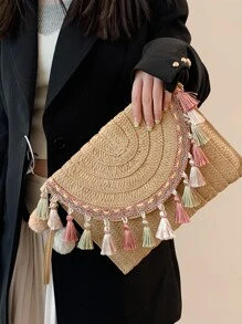 翻蓋草編包流蘇和絨球裝飾度假 - 卡其色 - 查看 4