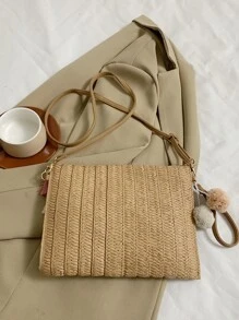 小絨球和流蘇裝飾草編包翻蓋度假 - 卡其色 - 查看 2