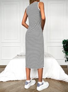 EURMUSE Striped Split Thigh Tank Dress - Black and White - View 2