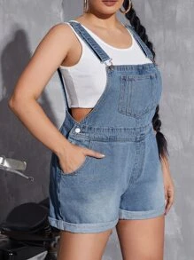 SHEIN EZwear Plus Roll Up Hem Denim Overall Romper Without Tank Top
