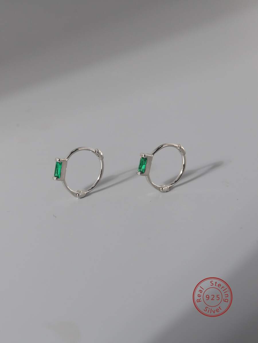 方晶鋯石裝飾銀圓耳環 - 銀色 - 查看 1