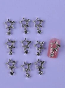 10 chiếc Mặt dây chuyền hình ngôi sao bằng hợp kim đơn giản và đáng yêu để tự làm trang trí móng tay cho phụ nữ, với hình ngôi sao năm cánh và trang trí kim cương giả đính theo phong cách Hàn Quốc và Nhật Bản. Thích hợp cho sử dụng hàng ngày, kỳ nghỉ, đi lại. - Bạc - Xem 2