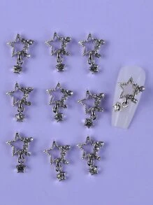 10 chiếc Mặt dây chuyền hình ngôi sao bằng hợp kim đơn giản và đáng yêu để tự làm trang trí móng tay cho phụ nữ, với hình ngôi sao năm cánh và trang trí kim cương giả đính theo phong cách Hàn Quốc và Nhật Bản. Thích hợp cho sử dụng hàng ngày, kỳ nghỉ, đi lại. - Bạc - Xem 3
