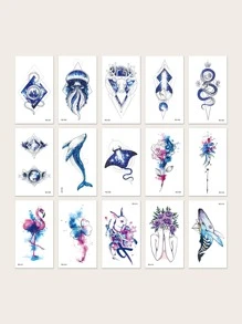 15 Pegatinas De Tatuajes De Animales Impermeables Con Estilo De Pintura China Con Coloridos Pulpos, Ballenas, Serpientes, Conejos, Grullas, Rosas, Flores Y Otros Patrones Bajo Un Cielo Que Cambia Gradualmente De Color. - Multicolor - Ver 3
