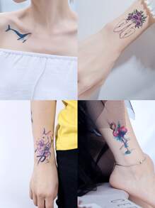 15 Pegatinas De Tatuajes De Animales Impermeables Con Estilo De Pintura China Con Coloridos Pulpos, Ballenas, Serpientes, Conejos, Grullas, Rosas, Flores Y Otros Patrones Bajo Un Cielo Que Cambia Gradualmente De Color. - Multicolor - Ver 5