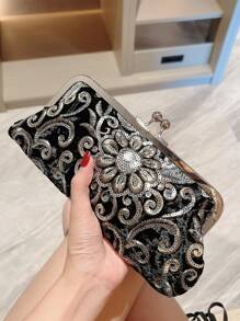 Moonlit Evening Glamorous, Elegant, Exquisite, Quiet Luxury Sequin, Stylish, Luxury, Shiny Floral Embroidered Evening Bag Sequin Decor Kiss Lock Squin For Party Girl, Woman, Bride For Party, Wedding, Prom, Dinner/Banquet ,Wedding - Black - View 1