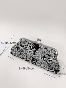 Moonlit Evening Glamorous, Elegant, Exquisite, Quiet Luxury Sequin, Stylish, Luxury, Shiny Floral Embroidered Evening Bag Sequin Decor Kiss Lock Squin For Party Girl, Woman, Bride For Party, Wedding, Prom, Dinner/Banquet ,Wedding - Black - View 4