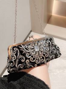 Moonlit Evening Glamorous, Elegant, Exquisite, Quiet Luxury Sequin, Stylish, Luxury, Shiny Floral Embroidered Evening Bag Sequin Decor Kiss Lock Squin For Party Girl, Woman, Bride For Party, Wedding, Prom, Dinner/Banquet ,Wedding - Black - View 5
