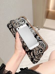 Moonlit Evening Glamorous, Elegant, Exquisite, Quiet Luxury Sequin, Stylish, Luxury, Shiny Floral Embroidered Evening Bag Sequin Decor Kiss Lock Squin For Party Girl, Woman, Bride For Party, Wedding, Prom, Dinner/Banquet ,Wedding - Black - View 7